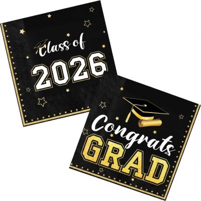 Karenhi 2026 Graduation Napkins Class of 2026 Disposable Black and Gold Congrats Grad Cocktail Napkins Paper 3 Ply for High School University College Graduation Party Decorations, 2 Design(100 Pcs)