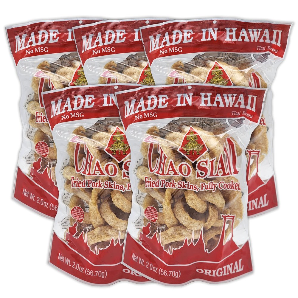 Chao Siam Premium Pork Rinds - Original Flavor 1.76oz (Pack of 5), NO MSG (USDA Approved), Keto Friendly, Original Flavor, Red Package, Made in Hawaii (5x2oz-Original) : Ship in 7-10 Business days