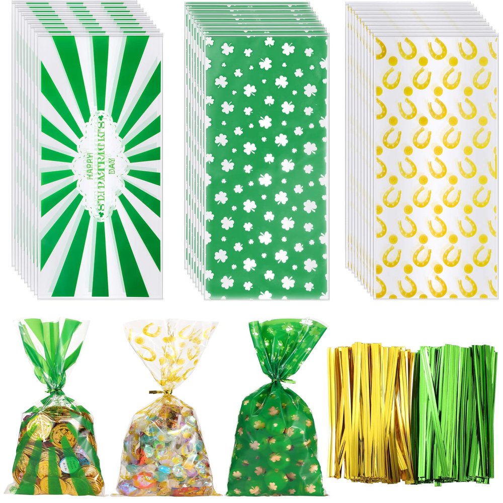 Roowest 300 Pcs St Patrick's Day Cellophane Bags Lucky Shamrock Treat 11 x 5 Inches Goodie Plastic Clover Party Favor Bags with 300 Twist Ties for Irish Day Party Favor