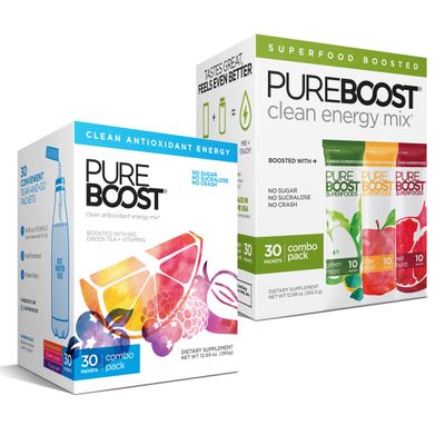 Pureboost Clean Energy and Superfoods Bundle. 60 Stick Packs Boosted with B12, Vitamin C and More. Fruity Combo Pack + Superfoods Combo Pack which Includes 7 Organic Superfoods + Apple Cider Vinegar
