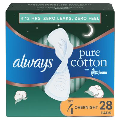 Always Pure Cotton Feminine Pads for Women, Size 4, with Wings, Unscented, 28 Count