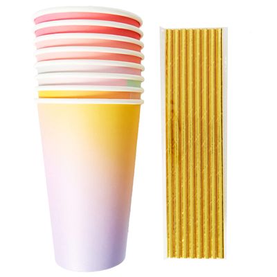 C.R. Gibson TWCS-25329 Kailo Chic Disposable Paper Cups with Straws for Parties, 16. fl. Oz, Ombre, 8pcs