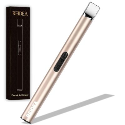 [2 Pack] REIDEA Electronic Candle Lighter Arc Windproof Flameless USB Rechargeable Lighter with Safe Button for Home Kitchen (S4, Champagne Gold)
