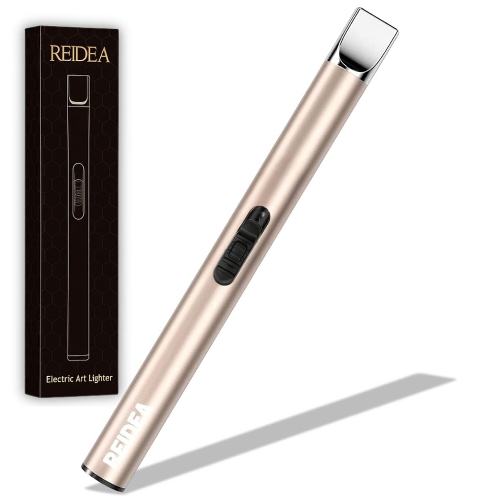 [2 Pack] REIDEA Electronic Candle Lighter Arc Windproof Flameless USB Rechargeable Lighter with Safe Button for Home Kitchen (S4, Champagne Gold)