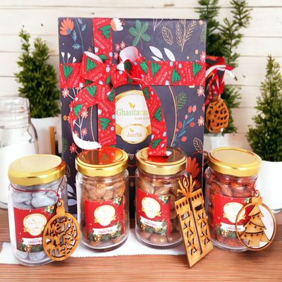 Ghasitaram Gifts Jaiccha Christmas Gifts Hamper Box with 4 Christmas Jars with Wooden Tags