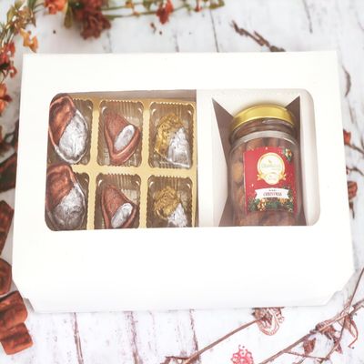 Ghasitaram Gifts Jaiccha Christmas Gifts White Christmas Hamper Box Small with Sheen Chocolates and Caramel Almond Jar