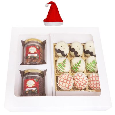 Ghasitaram Gifts Jaiccha Christmas Gifts White Christmas Hamper Box Medium with Christmas Cookies and 2 jars of Caramel Almond and Chocolated Coated Crispies