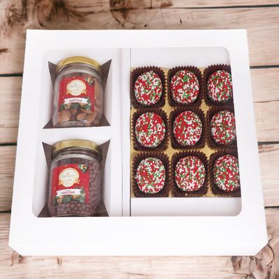Ghasitaram Gifts Jaiccha Christmas Gifts White Christmas Hamper Box Medium with Hazelnut Balls and 2 jars of Caramel Almond and Chocolated Coated Crispies