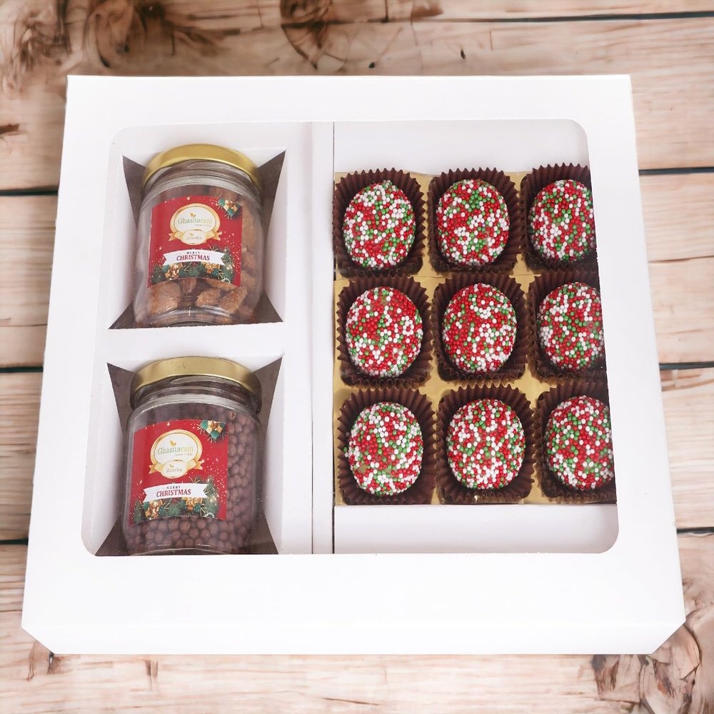 Ghasitaram Gifts Jaiccha Christmas Gifts White Christmas Hamper Box Medium with Hazelnut Balls and 2 jars of Caramel Almond and Chocolated Coated Crispies