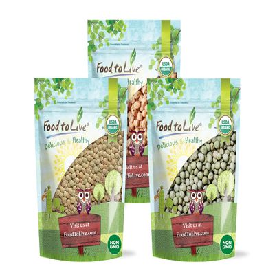 Food to Live Organic Pulses Bundle, 3 Pack Whole Green Peas (5 LB), Green Lentils (5 LB), Chickpeas (5 LB), Non-GMO Dried Legumes, Raw, Vegan, Kosher, Bulk. Rich in Fiber and Protein