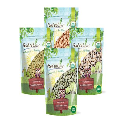 Food to Live Organic Pulses Bundle, 4 Pack  Whole Green Peas (5 LB), Green Lentils (5 LB), Chickpeas (5 LB), Black-Eyed Peas (5 LB), Non-GMO Dried Legumes, Raw, Kosher, Bulk.