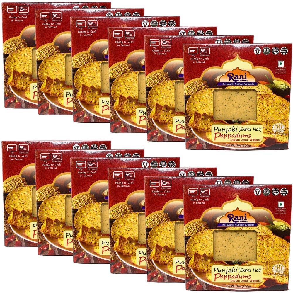 Rani Pappadums (Indian Lentil Wafer Snack) Punjabi Papad - Extra Hot, 7oz (200g) Approximately 15pc, 7 inches, Pack of 12 ~ All Natural | Gluten Friendly | NON-GMO | Vegan | Indian Origin
