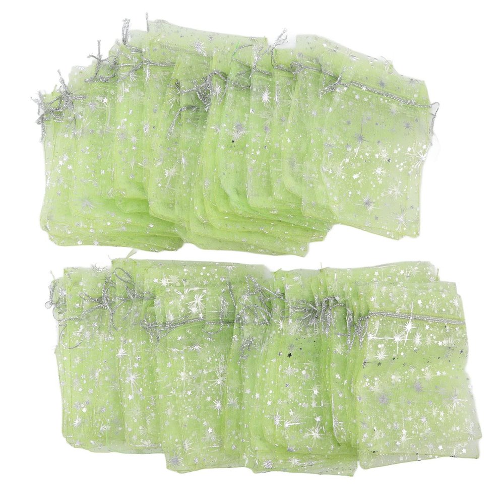 100 Drawstring Sheer Mesh Bags, Star Pattern 4.5 X 3.3 Inch Satin String Mesh Bags (Light Green)