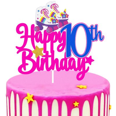 10th Birthday Roller Skate Happy Birthday Cake Topper - Colorful 80s 90s Rolling Retro Hip Hop Theme Party Cake Decoration Supplies for Girls Kids