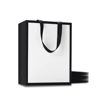 YACEYACE White and Black Gift Bags Bulk, 10Pcs 8"x4.25"x10.5" Medium Paper Gift Bags with Ribbon Handles for Wedding, Retail, Boutique
