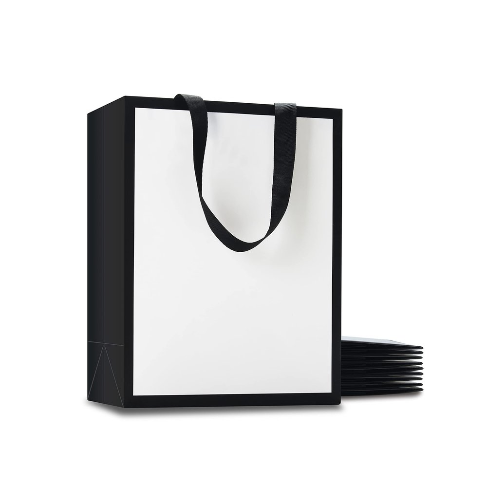 YACEYACE White and Black Gift Bags Bulk, 10Pcs 8"x4.25"x10.5" Medium Paper Gift Bags with Ribbon Handles for Wedding, Retail, Boutique