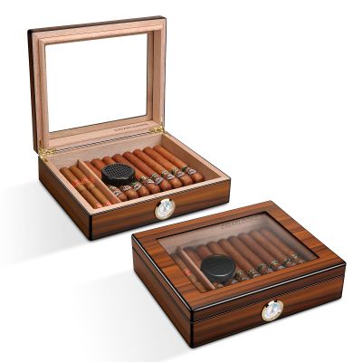 CIGARWONG Cigar Humidors Spanish Cedar Holds 25-35 Cigars Desktop Box with Hygrometer and Humidifier