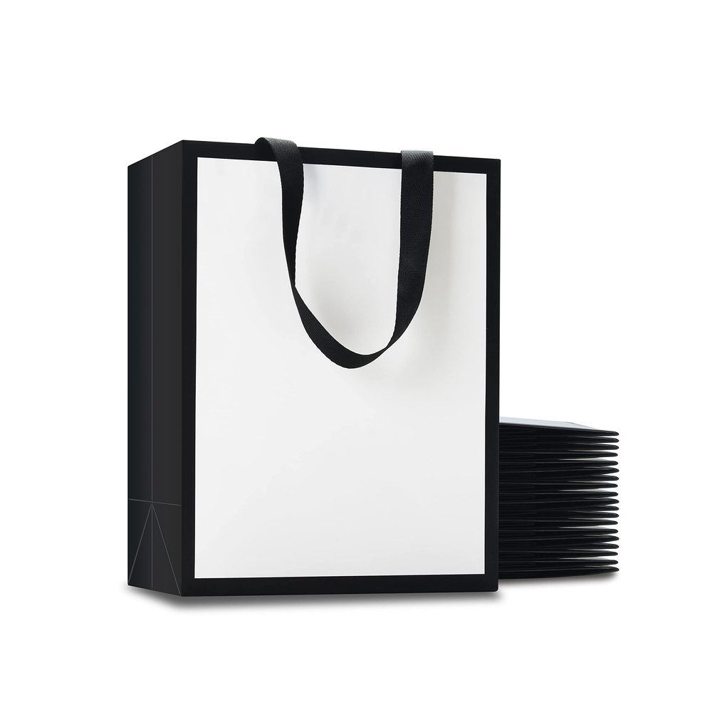 YACEYACE White and Black Gift Bags, 20Pcs 8"x4.25"x10.5" Medium Gift Bags Bulk,White Black Gift Bags with Handles,Gift Bags for Wedding,Party, Retail