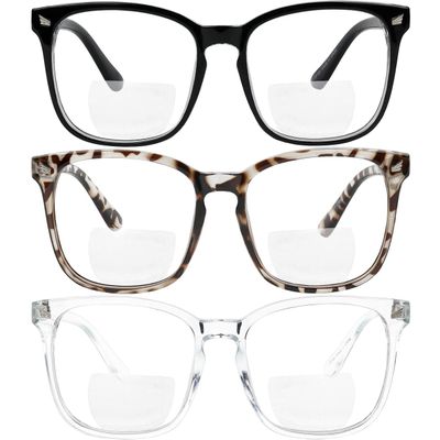 Yogo Vision Bifocal Reading Glasses for Women Men Rectangle Multifocal Readers Fashion Nerd Eyeglasses 3 Pack: Black, Clear, Grey Havana 3