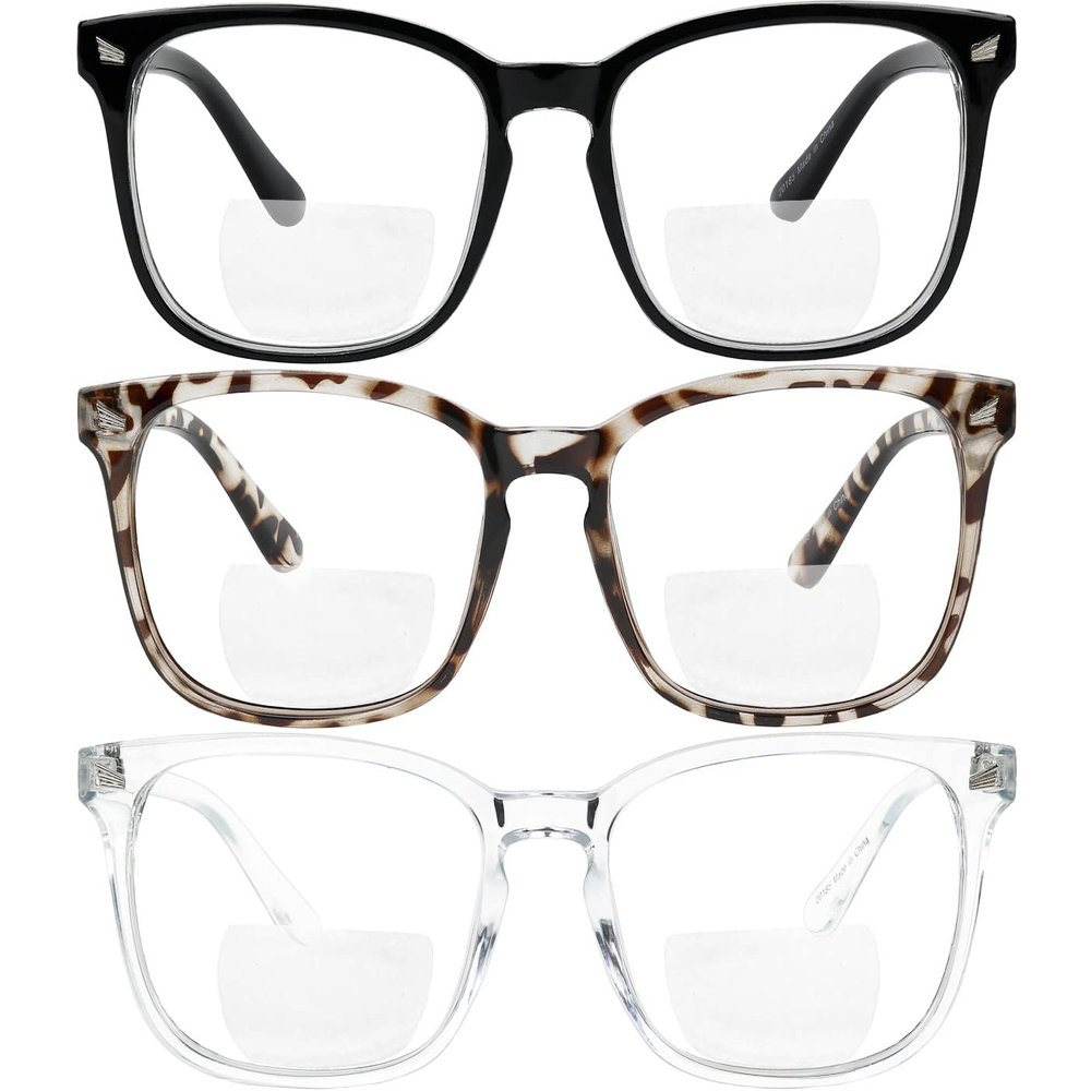 Yogo Vision Bifocal Reading Glasses for Women Men Rectangle Multifocal Readers Fashion Nerd Eyeglasses 3 Pack: Black, Clear, Grey Havana 3