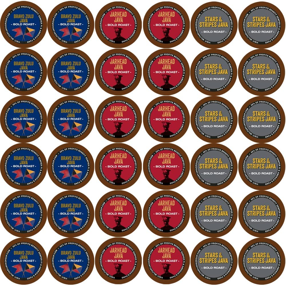Military Java Group Coffee Pod (36) Variety Pack - Jarhead Java, Bravo Zulu Java, and Stars & Stripes Java