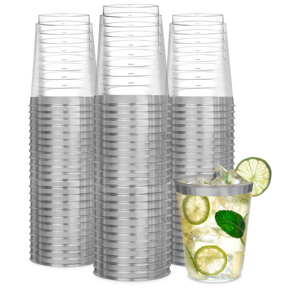R-kay Silver Plastic Cups, Heavy Duty 10 OZ Silver Disposable cups, 50 Pack Plastic cocktail Glasses Heavy Duty Party Cups