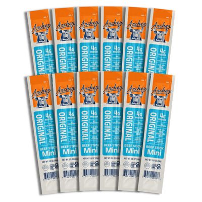 Archer Jerky Mini Beef Jerky Sticks - Grass Fed Beef Sticks Individually Wrapped, Bulk Snack Packs, Gluten Free, Paleo, Keto - .5 oz (Pack of 12)