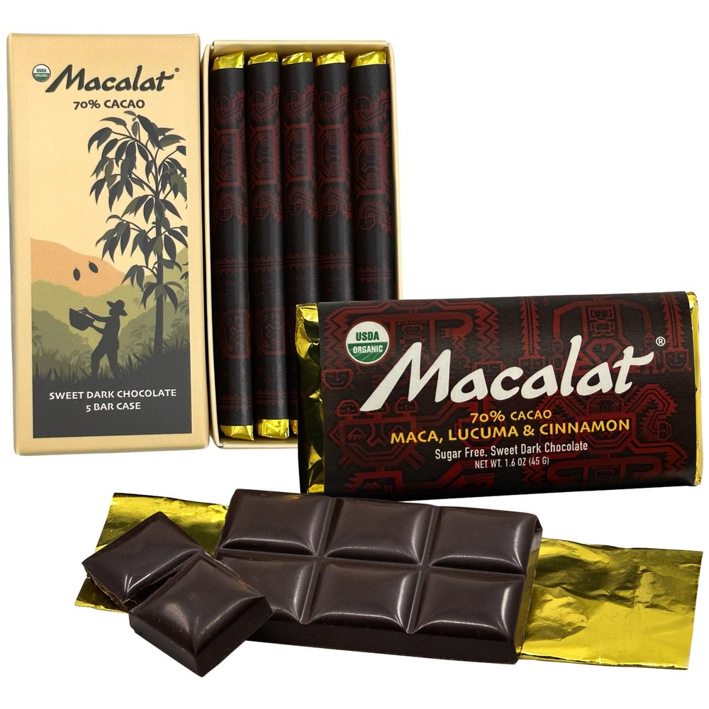 Macalat Original Sugar-Free Sweet Dark Chocolate, 70% Peruvian Organic Cacao Bar with Lucuma and Cinnamon, Sweetened with Allulose and Monkfruit Chocolate Bar, Vegan, Non-GMO, 1.5 oz
