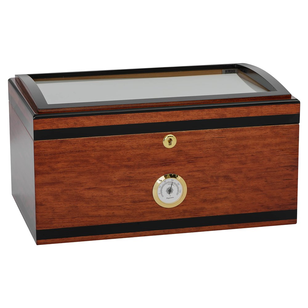 Humidor Supreme Aveiro Glasstop Cigar Humidor, Handcrafted with Finest Cherry and Black Wood, Front Mount Glass Hygrometer, Spanish Cedar Tray, Adjustable Dividers, Lock and Key Holds 80-125 Cigars