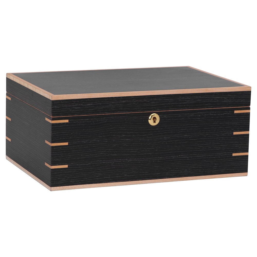 Humidor Supreme Messenia Desktop Cigar Humidor, Grey Oak with Maple Accents, Glass Hygrometer, Spanish Cedar Tray, Adjustable Dividers, Lock and Key Holds 45-80 Cigars