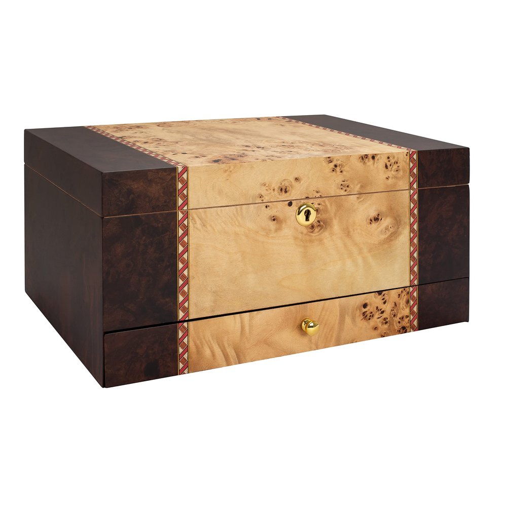 Humidor Supreme Florina Desktop Cigar Humidor with Accessory Drawer, Gorgeous Walnut Burl and Mapa Burl Glass Hygrometer, Spanish Cedar Tray, Adjustable Dividers, Lock and Key Holds 45-80 Cigars