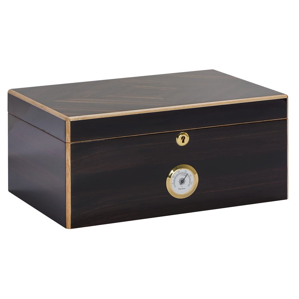 Humidor Supreme Basel Desktop Cigar Humidor, Maple Wood with Ebony Inlays, Glass Hygrometer, Spanish Cedar Tray, Adjustable Dividers, Lock and Key Holds 40-75 Cigars