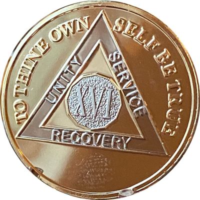16 Year AA Medallion Large 1.5 Inch 22K Gold Plated Bi-Plate Sobriety Chip