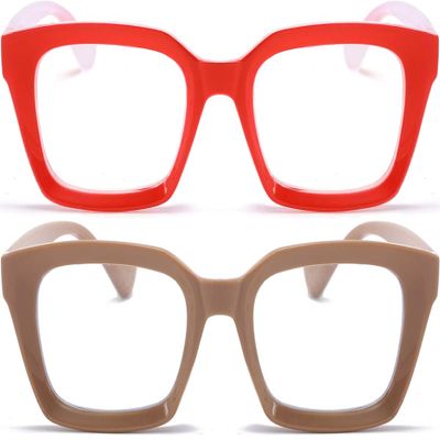 REAVEE 2 Pack Oprah Style Oversized Reading Glasses for Women Men Blue Light Blocking, Ladies Stylish RetroSquare Large Computer Readers (Red/Coffee 2.25x)