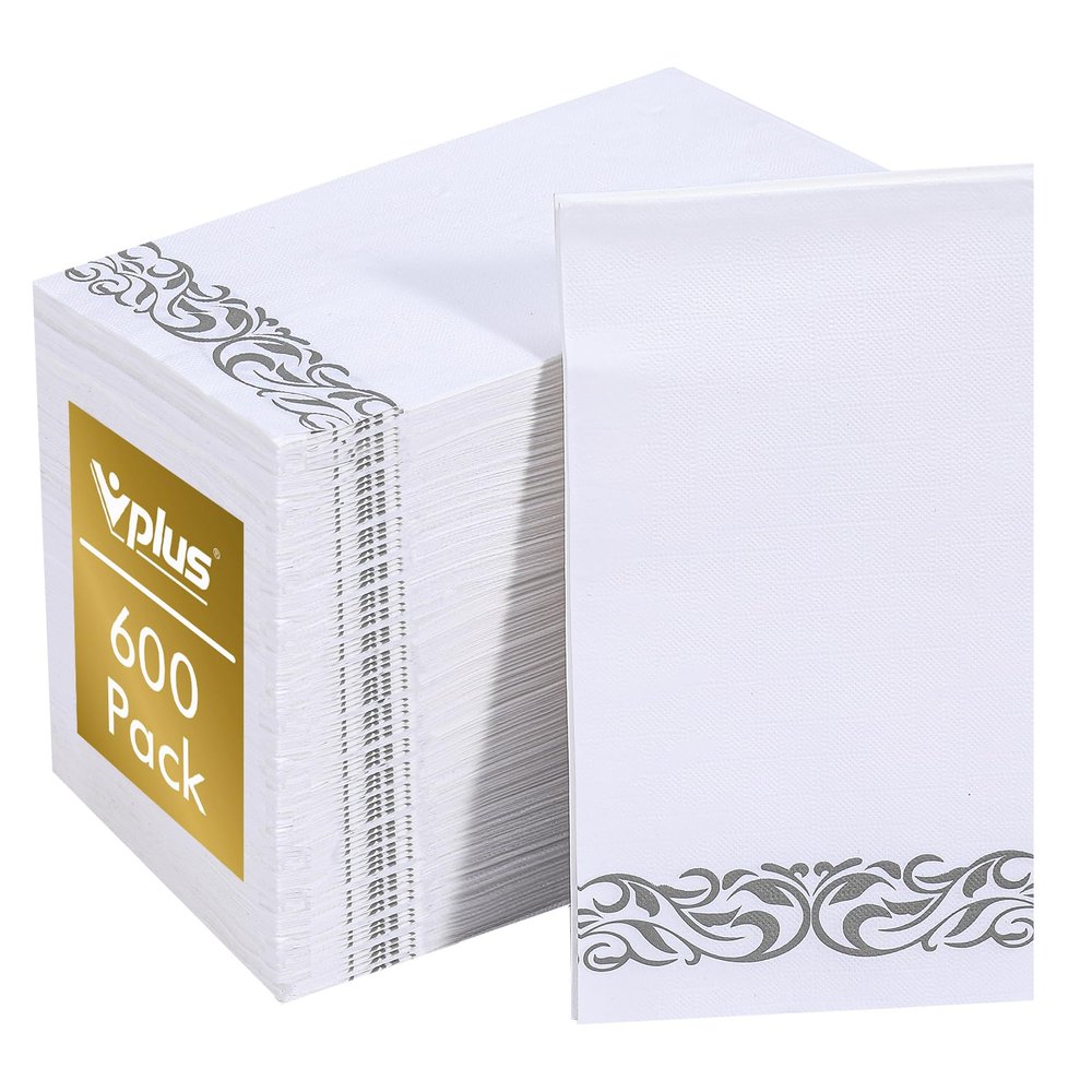 Vplus 600 Pack Paper Napkins Guest Towels Disposable Premium Quality 3-ply Dinner Napkins Disposable Soft, Absorbent, for Kitchen, Wedding, Parties, Dinners or Events(Silver)