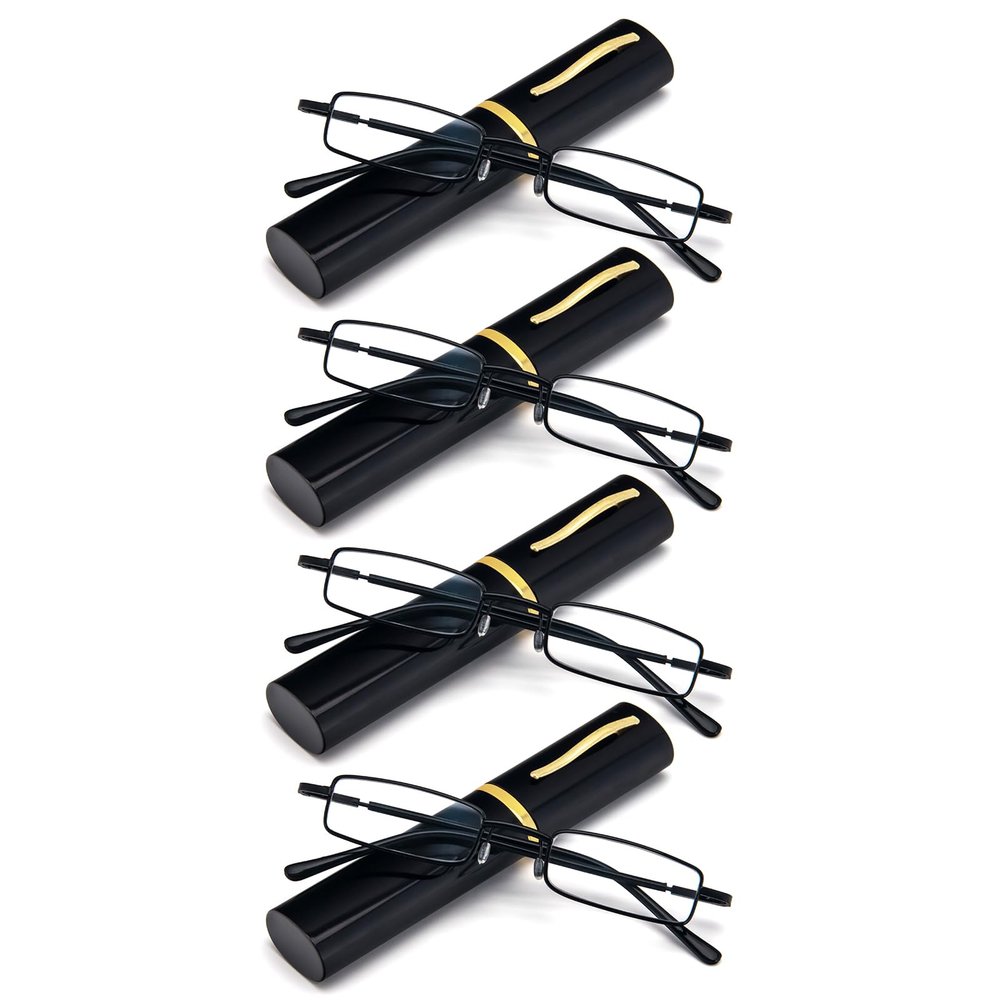 REAVEE 4 Pair Slim Pen Reading Glasses Tube Reader Glasses Men Women Small Readers Spring Hinged Eyeglasses with Portable Clip Case, Black 3.75