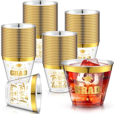 Yinder 100 Pcs Graduation Party Cups 2026, 9 oz Gold Foil Disposable Plastic Cups Congrats Grad Bulk for Graduation Decorations Supplies, Class of 2026 Party Favors Tableware(Clear)