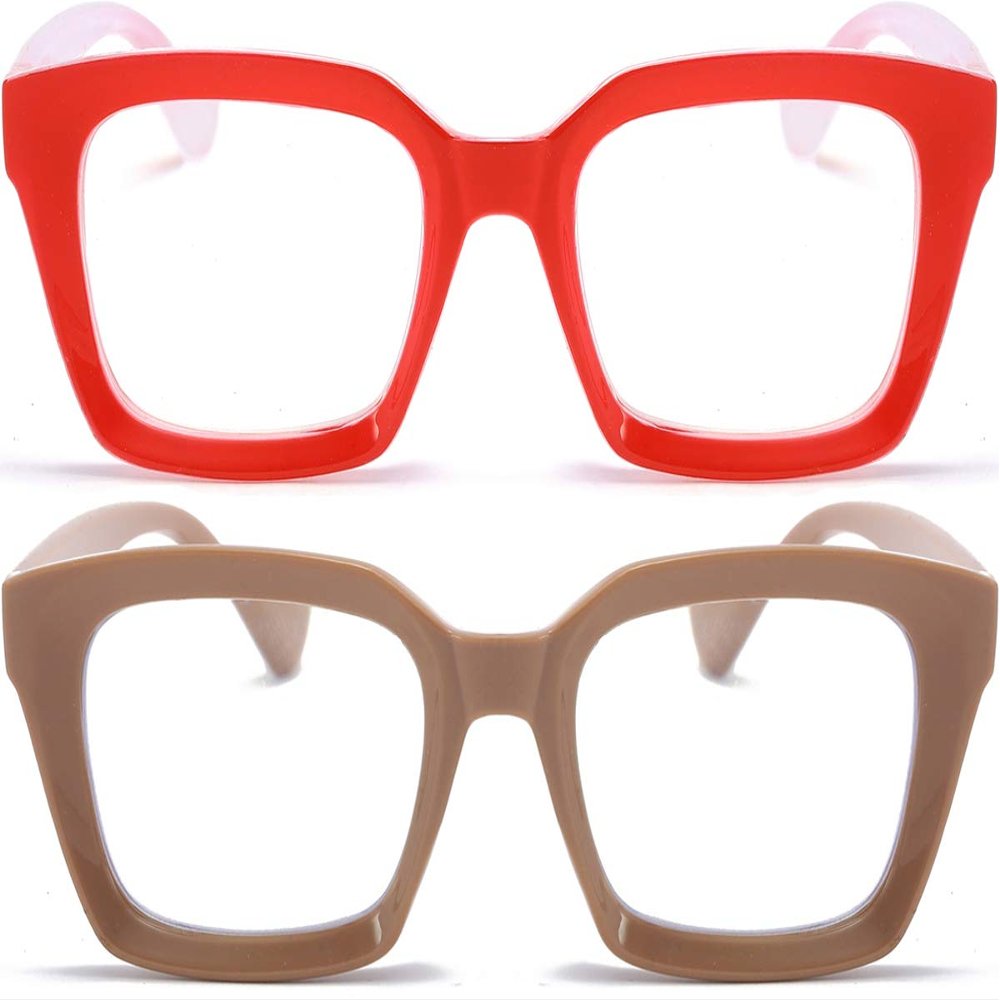 REAVEE 2 Pack Oprah Style Oversized Reading Glasses for Women Men Blue Light Blocking, Ladies Stylish RetroSquare Large Computer Readers (Red/Coffee 2.75x)
