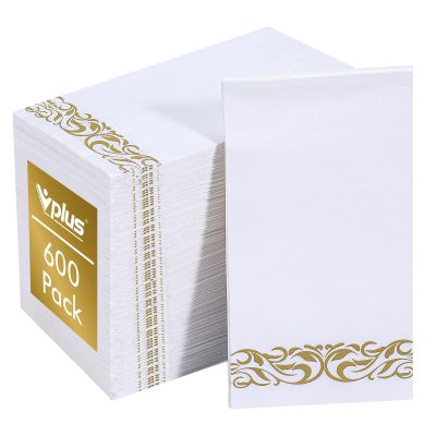 Vplus 600 Pack Paper Napkins Guest Towels Disposable Premium Quality 3-ply Dinner Napkins Disposable Soft, Absorbent, for Kitchen, Wedding, Parties, Dinners or Events(Gold)