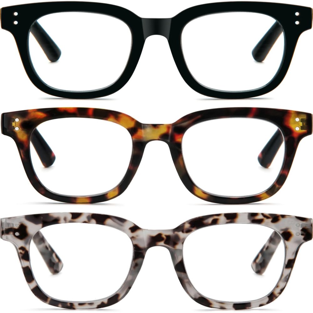 REAVEE 3 Pack Retro Oversized Reading Glasses for Women Blue Light Blocking Cute Stylish Large Frame Square Computer Readers Eye Protection with Spring Hinge,Black Tortoise Grey Tortoise,2.75