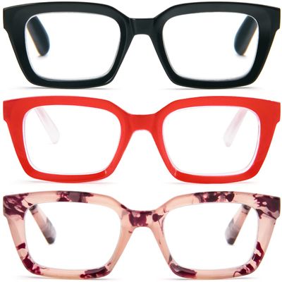 REAVEE 3 Pack Oprah Style Oversized Reading Glasses for Women Men Blue Light Blocking, Ladies Stylish RetroSquare Large Computer Readers (Black/Red/Pink Leopard 2.25x)