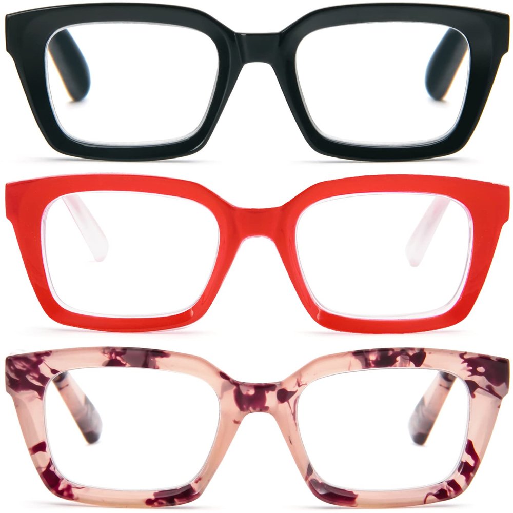 REAVEE 3 Pack Oprah Style Oversized Reading Glasses for Women Men Blue Light Blocking, Ladies Stylish RetroSquare Large Computer Readers (Black/Red/Pink Leopard 2.25x)