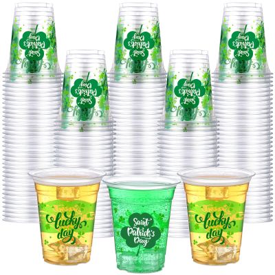 Aoriher 100 Pcs 12 oz St Patrick's Day Shamrock Cups Disposable Plastic Happy St Patrick's Day Green Clear Cups Lucky Day Printed Bar Decorations for Irish Party Supplies