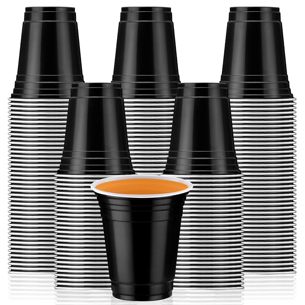 Sabary 100 Pack 12oz Valentine Plastic Cups St. Patricks Day Heavy Duty Drinking Disposable Cups with Lines for Beverage Holiday Camping Barbecues Birthday Party Outdoor Picnic(Black and White)