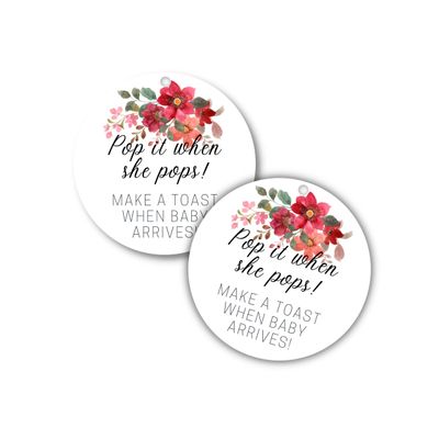 Pop It When She Pops Champagne Tag | 30 Pack | 2.5" inch Circle Tag with Pre-Cut Hole | Baby Shower Party Favor Tag | Burgundy Rose Design for Baby Shower Party Favor