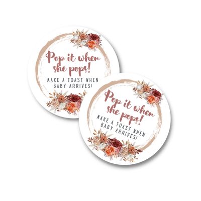 Pop It When She Pops Champagne Tag | 30 Pack | 2.5" inch Circle Tag with Pre-Cut Hole | Baby Shower Party Favor Tag | Boho Burgundy Rose Wreath Design for Baby Shower Party Favor