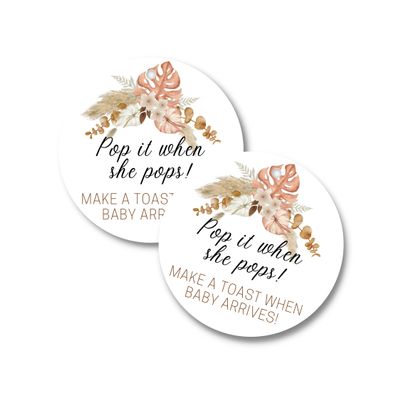 Pop It When She Pops Champagne | 30 Pack | 2.5" Circle Tag With Pre-Cut Hole | Baby Shower Party Favor | Boho Flower Design