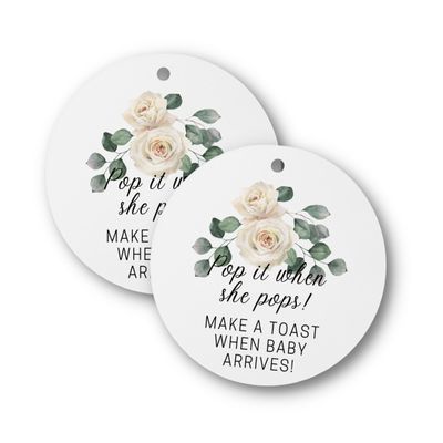 Pop It When She Pops Champagne Tag | 30 Pack | 2.5" inch Circle Tag with Pre-Cut Hole | Baby Shower Party Favor Tag | White Rose Design for Baby Shower Party Favor