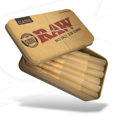 RAW Classic Cones 98 Special Size - Slow Burning Pre-Rolled Cones - Special Packed Inside a RAW Metal Tin Container with Packing Tubes - 20 Pack