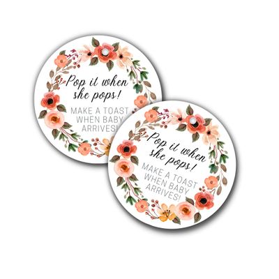 Pop It When She Pops Champagne Tag | 30 Pack | 2.5" inch Circle Tag with Pre-Cut Hole | Baby Shower Party Favor Tag | Boho Flowers and Greenery Wreath Design for Baby Shower Party Favor